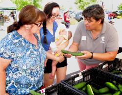 Image of ...3 women outside shopping for cucumbers